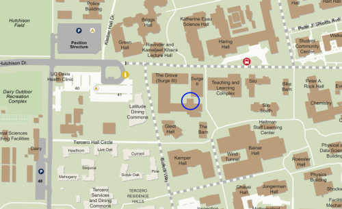 A map of the Ombuds Office's location on the UC Davis campus with the office circled in blue